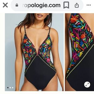 Nanette Lepore Black One-Piece Swimsuit with Bright Floral Embroidery